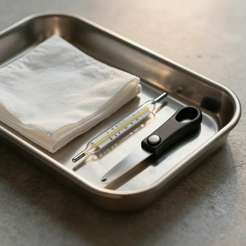 Top-down macro of a medicine tray, gauze, thermometer and pill cutter on brushed stone.