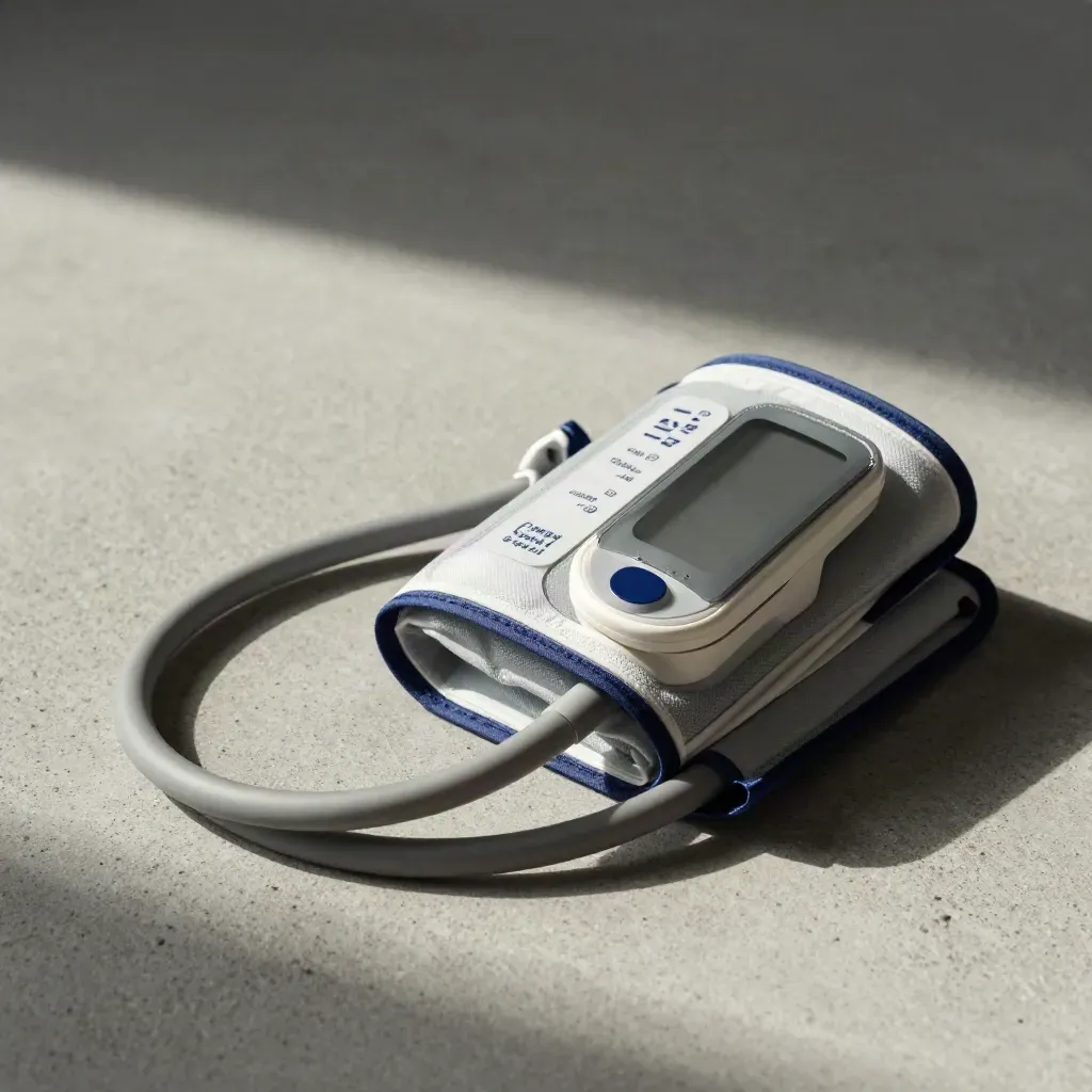 Blood-pressure cuff, coiled tube, and oximeter sensor on pale concrete in dramatic macro