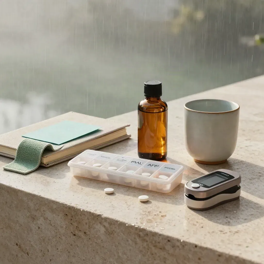 Recovery kit with pill organiser, amber bottle, notebook, tumbler, band and oximeter on pale stone.