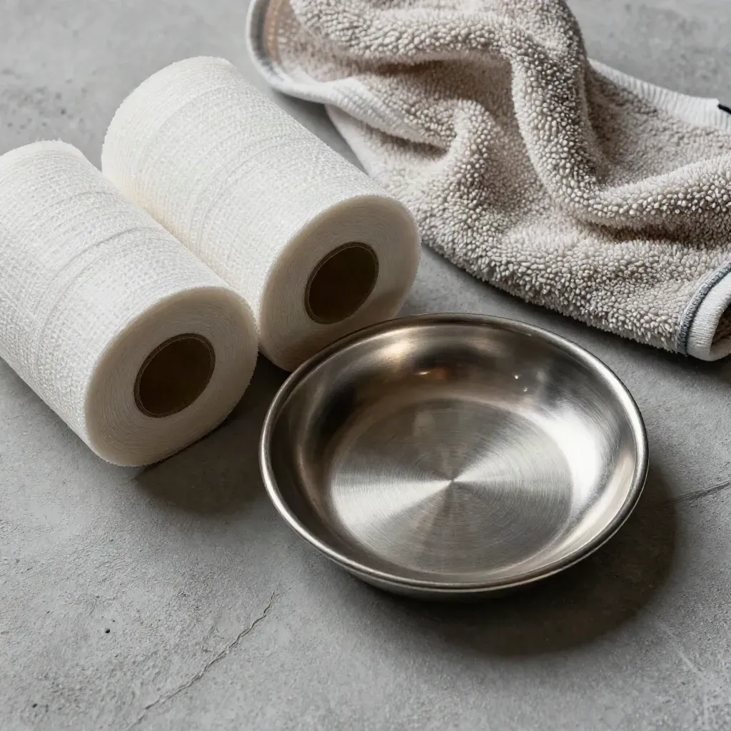 Gauze rolls, a folded towel, and a stainless kidney dish on matte plaster.