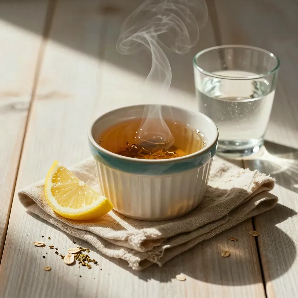 Herbal tea, lemon slice, and water on pale wood with soft steam