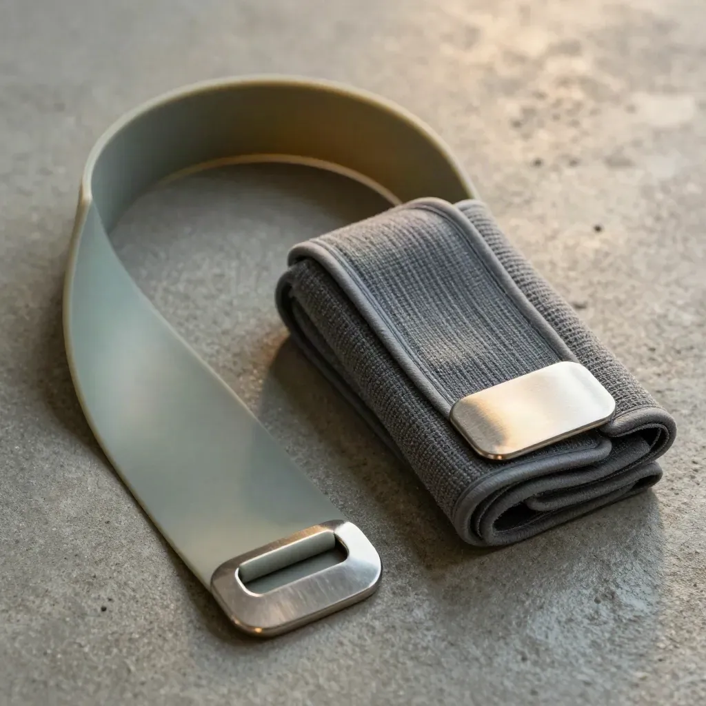 Macro of rehab band, ankle support sleeve and metal clasp on concrete