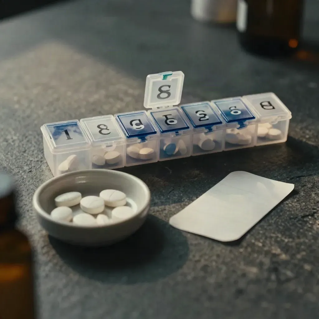 Half-open weekly pill box, tablets in a ceramic dish, blurred bottle edge on dark stone.