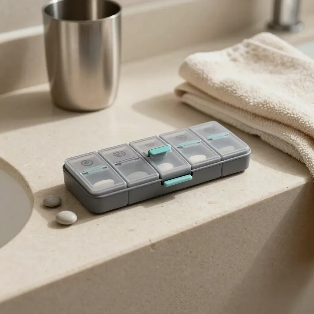 Overhead pill organiser, pebble markers, and towel on pale stone in soft daylight.