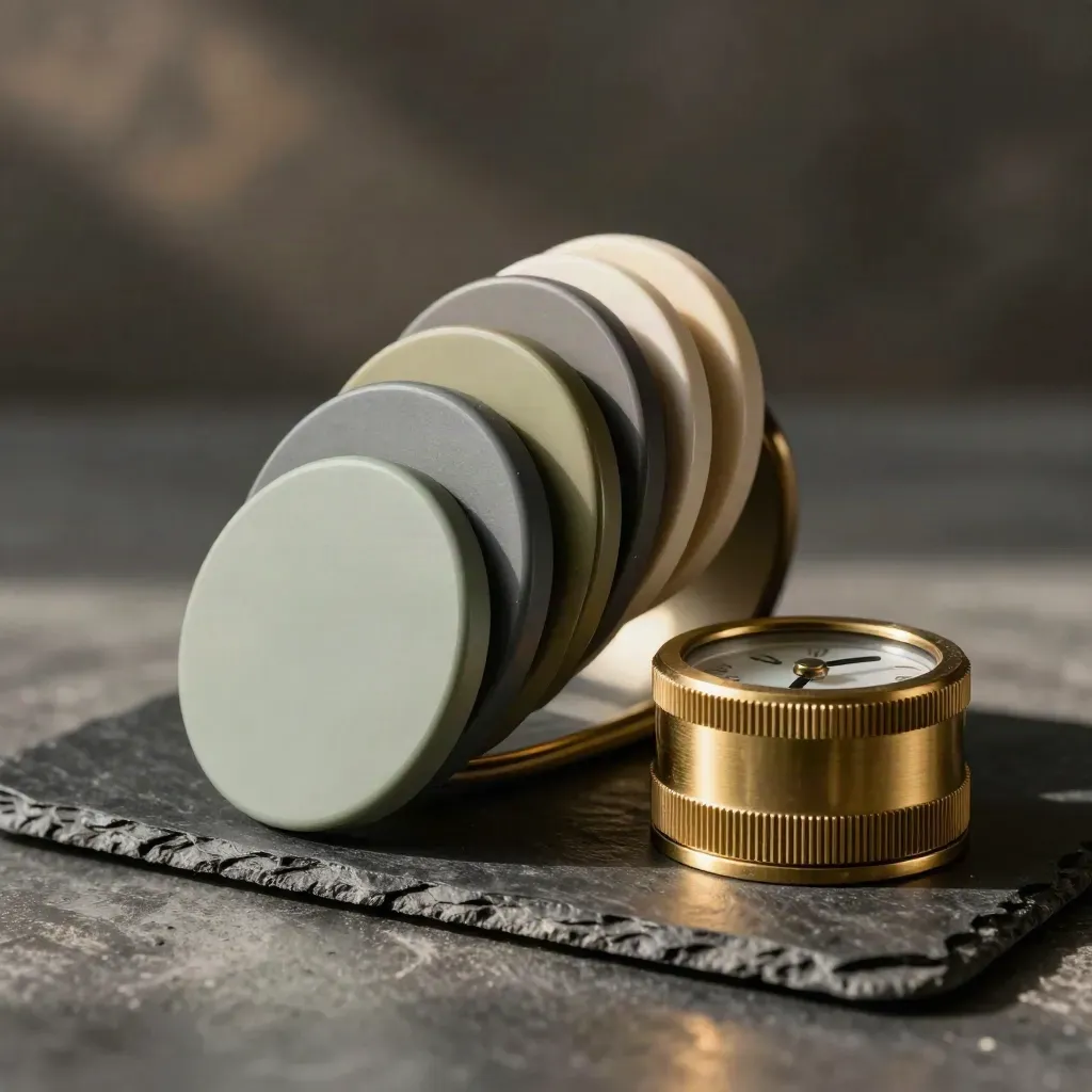 Brass tally counter with stacked sage and graphite colour chips beside a slate paperweight