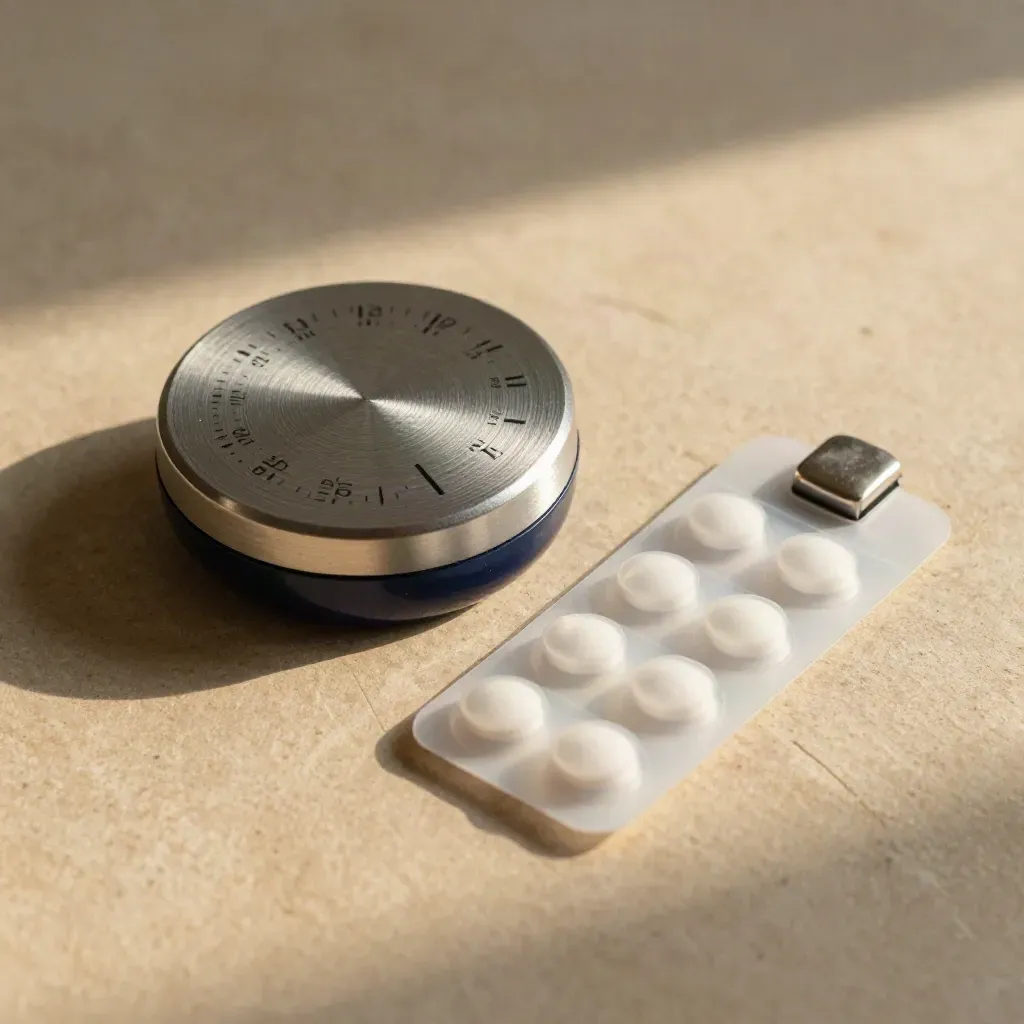 Analog timer, pill sleeve, and magnetic clip on warm plaster in a calm product macro.