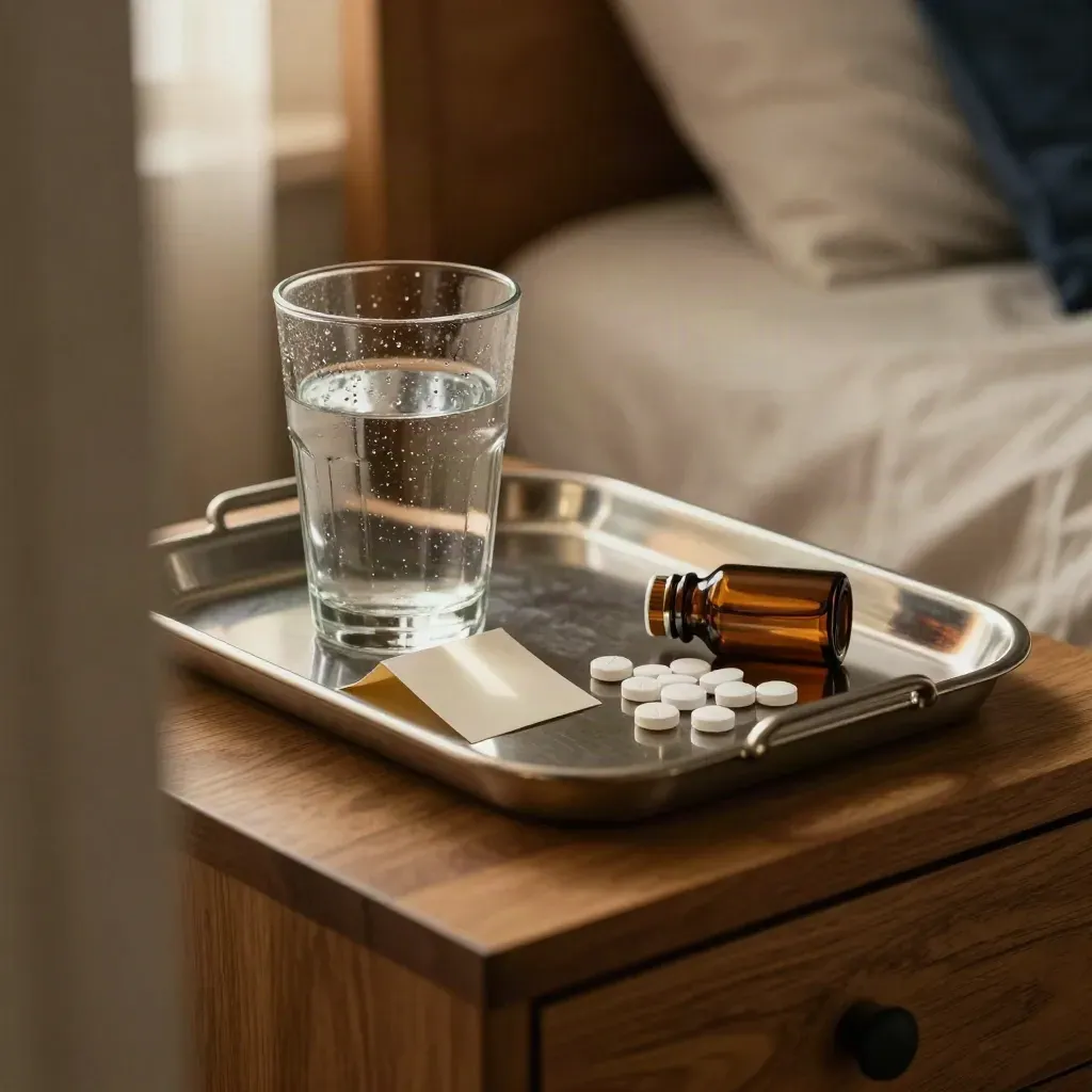 Bedside medicine tray, water glass, blank care card, and tablets on an oak table