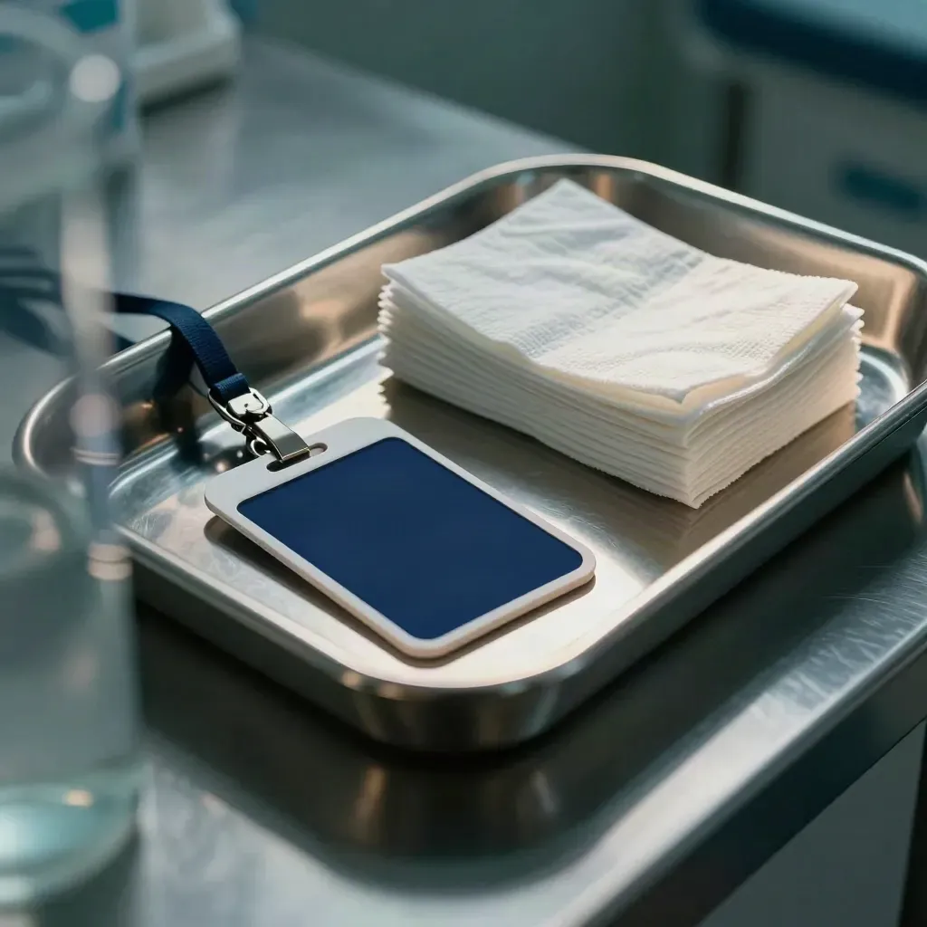 Stainless tray, face-down badge and gauze stack behind blurred glass in a clinic still life.