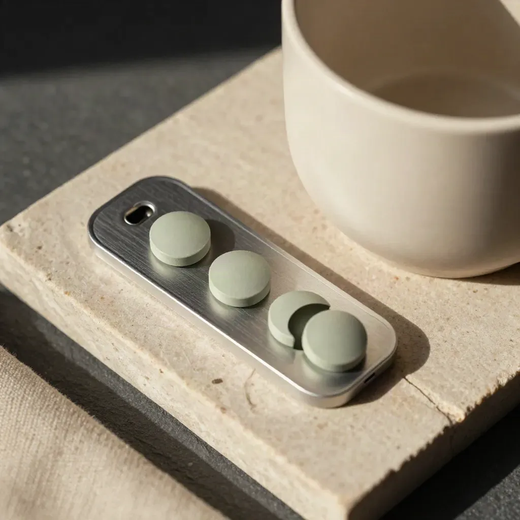 Top-down still life of habit tokens, a magnetic pill case and ceramic cup on pale stone.