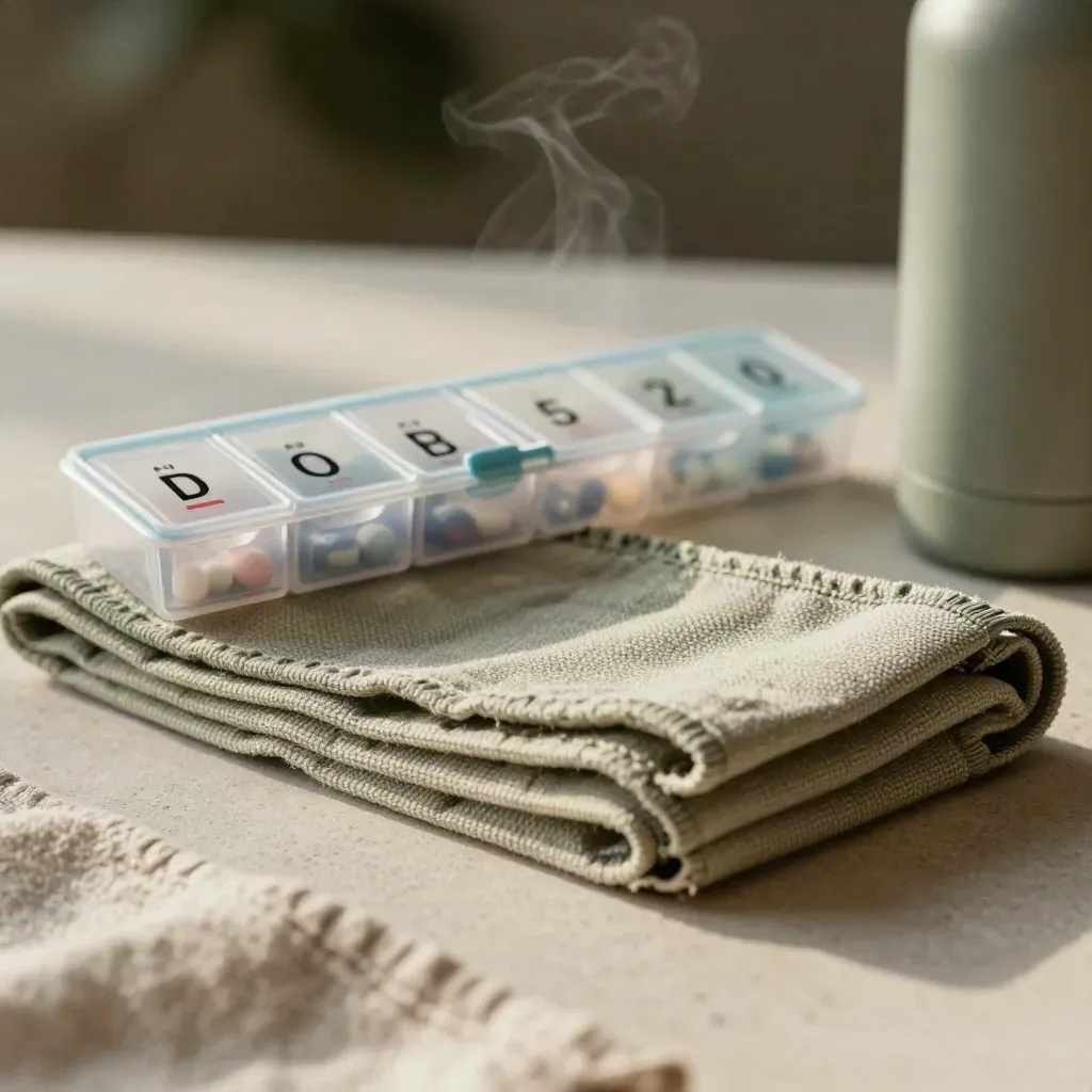 Macro still life of a rehab band, pill organiser and water bottle with soft steam and dark bokeh.