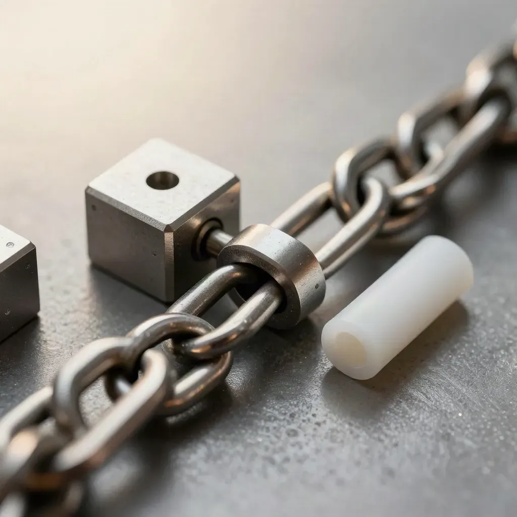 Macro of linked aluminium connectors and a magnetic block on brushed graphite metal.