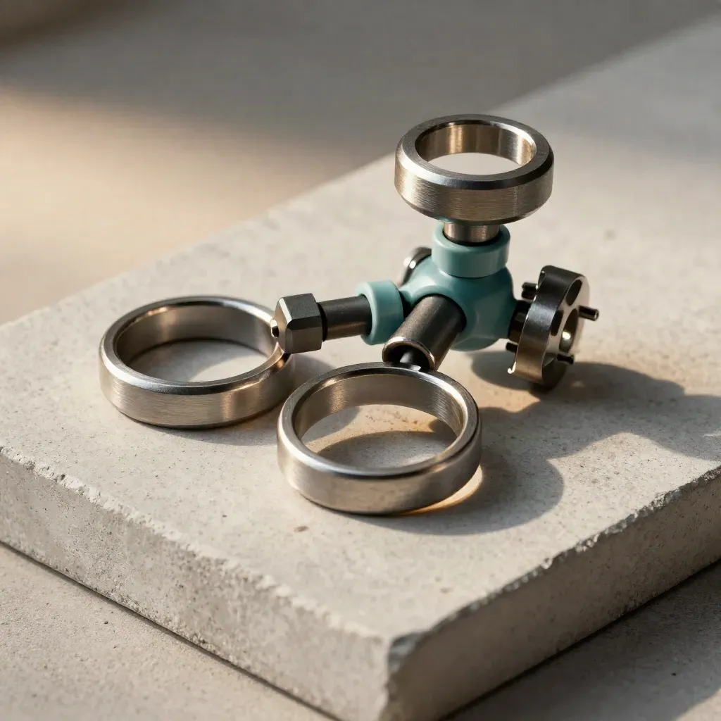Steel rings, hex joiner, and ceramic spacer on pale concrete with teal accent.
