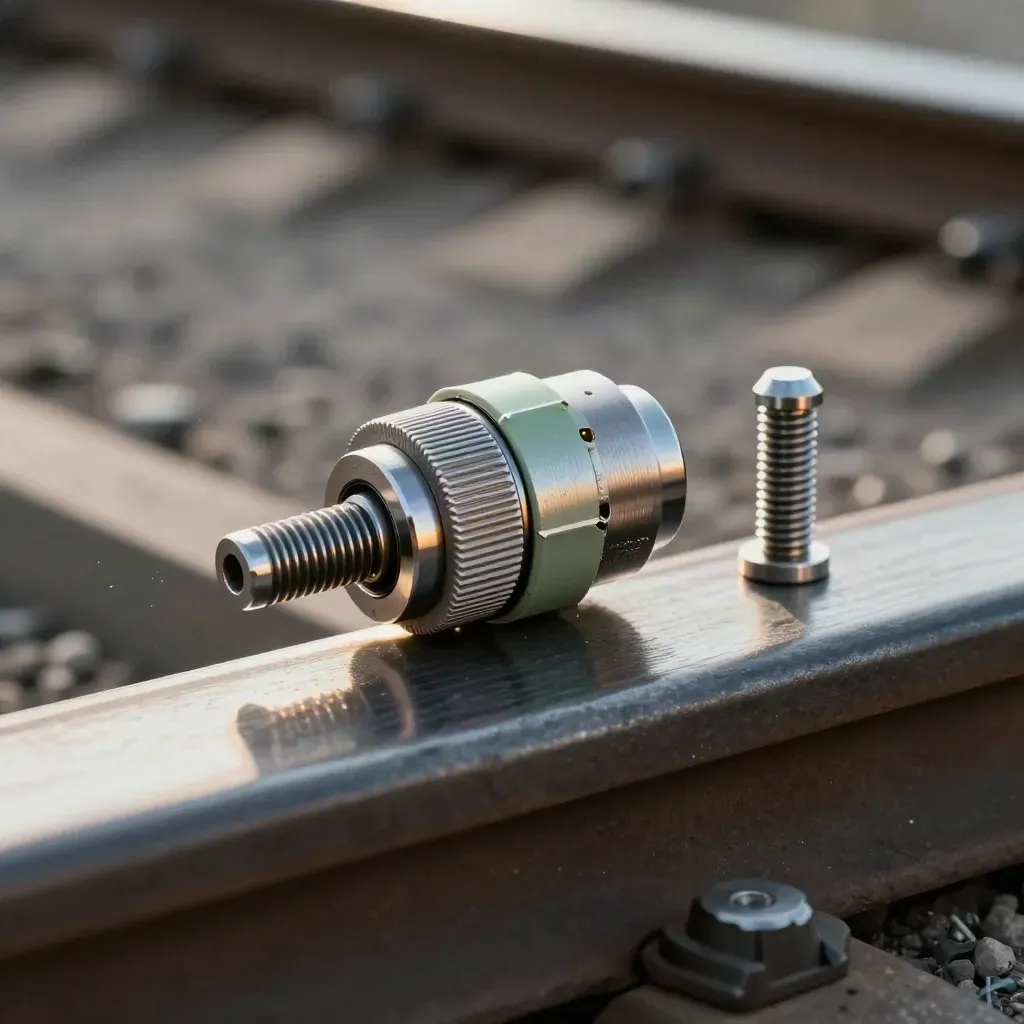 Rail connector with alignment pins and knurled coupler on dark slate, sage accent, close side-on.