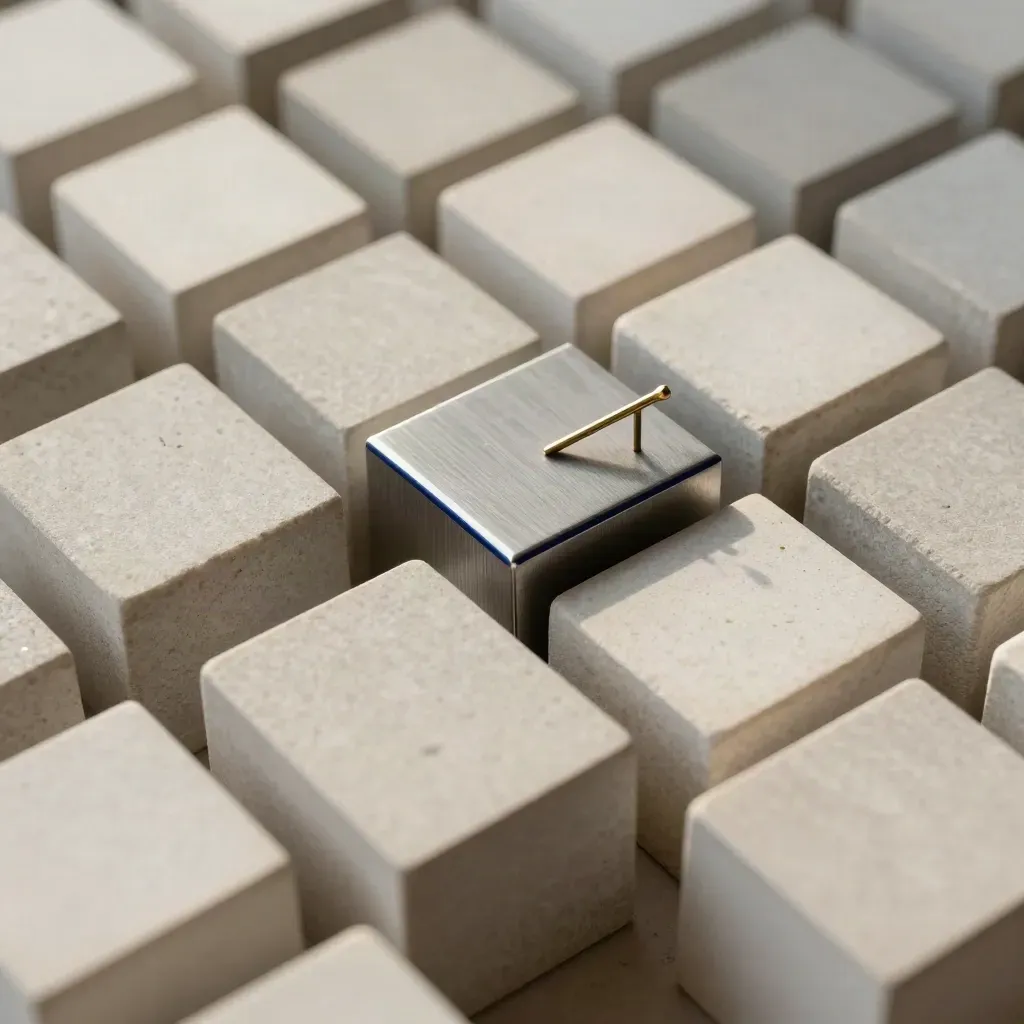 Stone cubes with metal shims and a brass pin on pale plaster, seen from above.