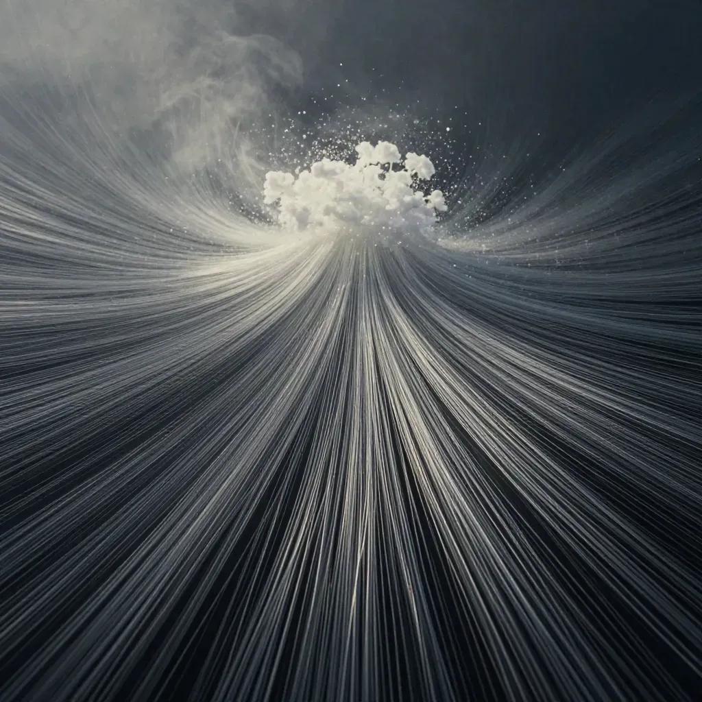 Silver filaments bloom in graphite space, leaving calm open space for headline copy.